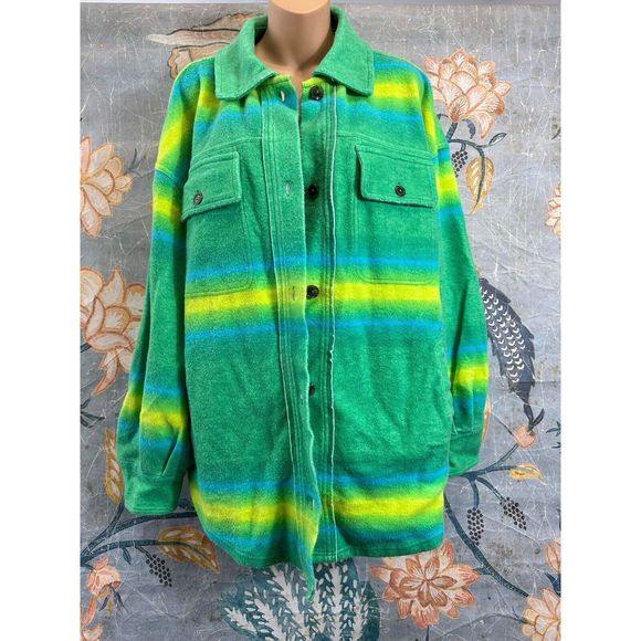 Free People Ruby West Coast Jacket Ombre Stripe Brushed Thermal Lime Green sz L - Picture 3 of 6